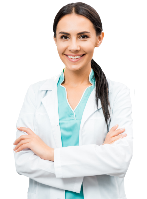 Smiling female dentist in a white coat with arms crossed, representing Orchard Family Dental in Leduc